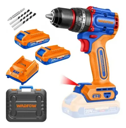 Taladro Percutor Atornillador Wadfow 20v Motor Sin Carbones Bl, Mandril 13mm, Maletin, 2 Baterias Y Cargador