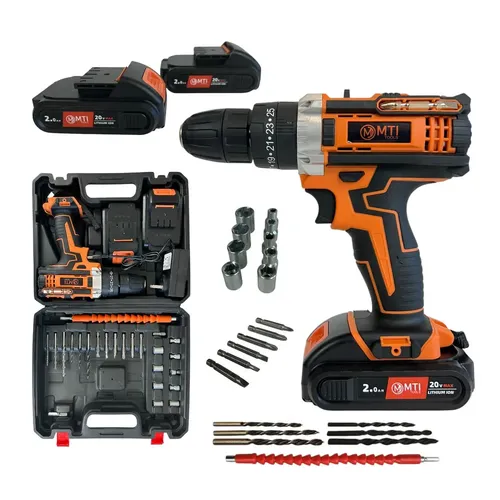 Mti Taladro Atornillador Percutor Mti 2 Baterias Facil Transporte 20v Inalámbrico Portátil Alta Potencia Naranja