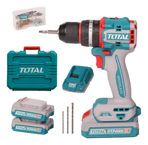 Total Taladro percutor atornillador inalámbrico TOTAL Brushless 66mm con maletín 2 baterías y accesorios