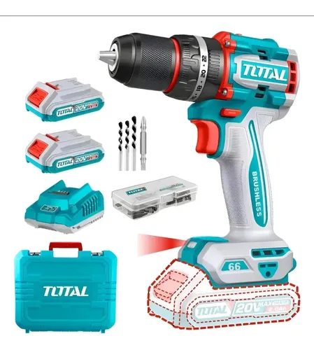 Total Taladro Percutor Inalámbrico Brushless 20v 66Nm Con Baterias, Cargador y Maletín Total