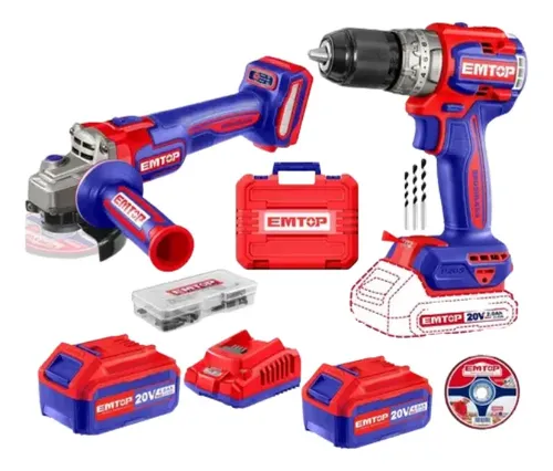 Emtop Combo Taladro Percutor Atornillador y Amoladora Brushless Emtop 20V 2 Baterías