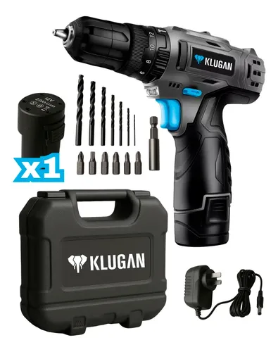 Taladro Atornillador Percutor Inalámbrico Klugan Tip + 1 Bateria + 1 Cargador + Accesorios Con Maletin De Transporte