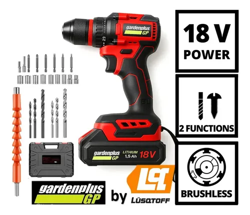 Lusqtoff Taladro Brushless Atornillador Gp Garden Plus De Lusqtoff Lh-199bk Bateria Inalambrico 18v Mandril 10mm Metalico Con Regulador De Velocidad
